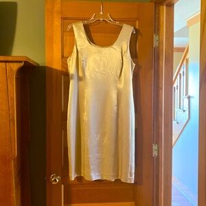 Hampton Nites beige/gold evening sheath dress. Size 14.